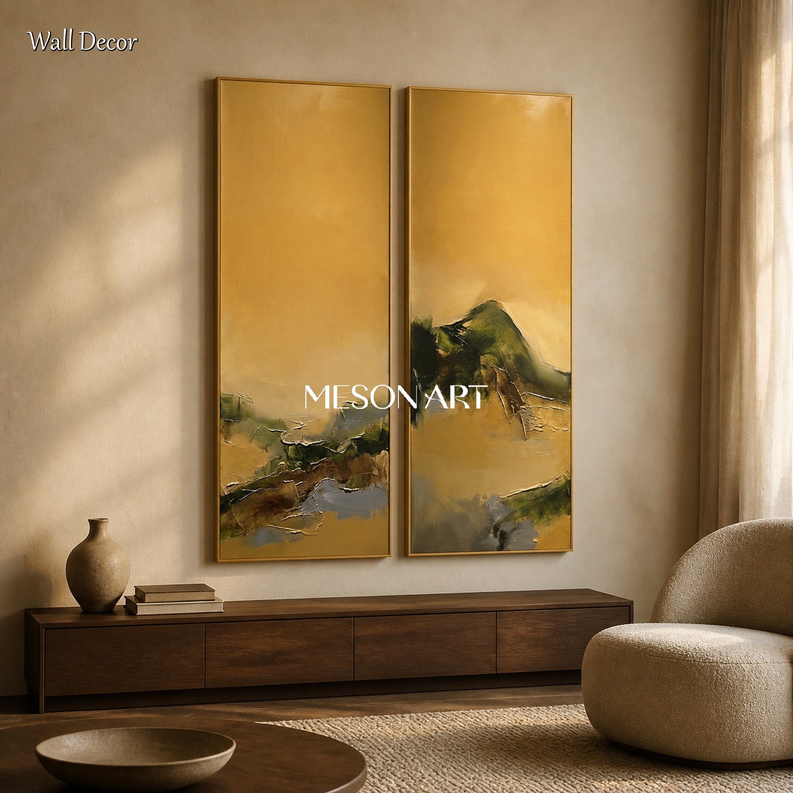 Gold And Green Abstract Expressionist Painting Rectangular Wall Art Original Artist Hand Painted By Mesonart