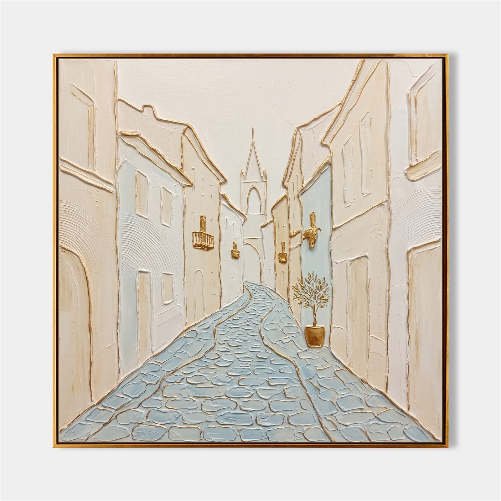 Quadro “Art Deco City” con texture dorata per l’arredamento di un soggiorno moderno