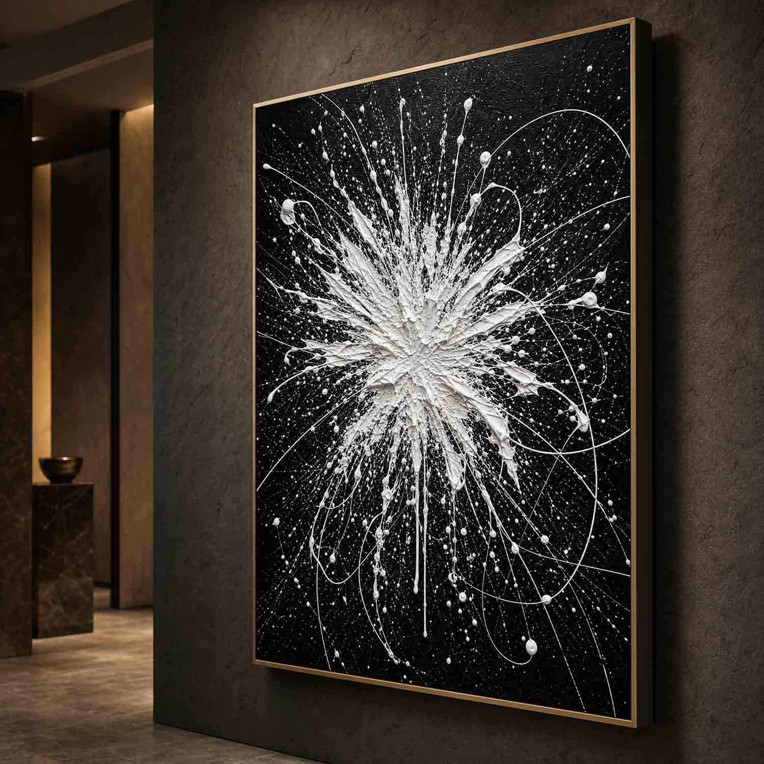 Pollock Abstract Style Black White Textured Relief Painting For Modern Living Room Entryway
