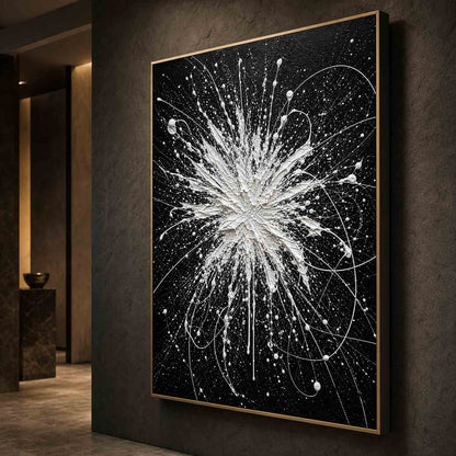 Pollock Abstract Style Black White Textured Relief Painting For Modern Living Room Entryway