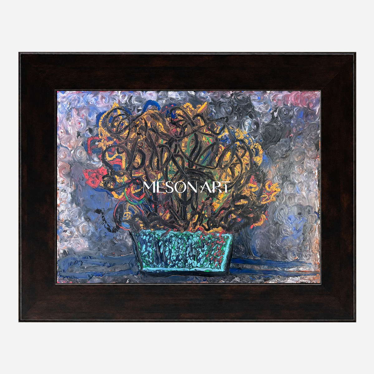 Blue And Gold Abstract Painting Original Artist Hand Painted Expressionist Artwork Rectangular Wall Decor For Living Room By Mesonart
