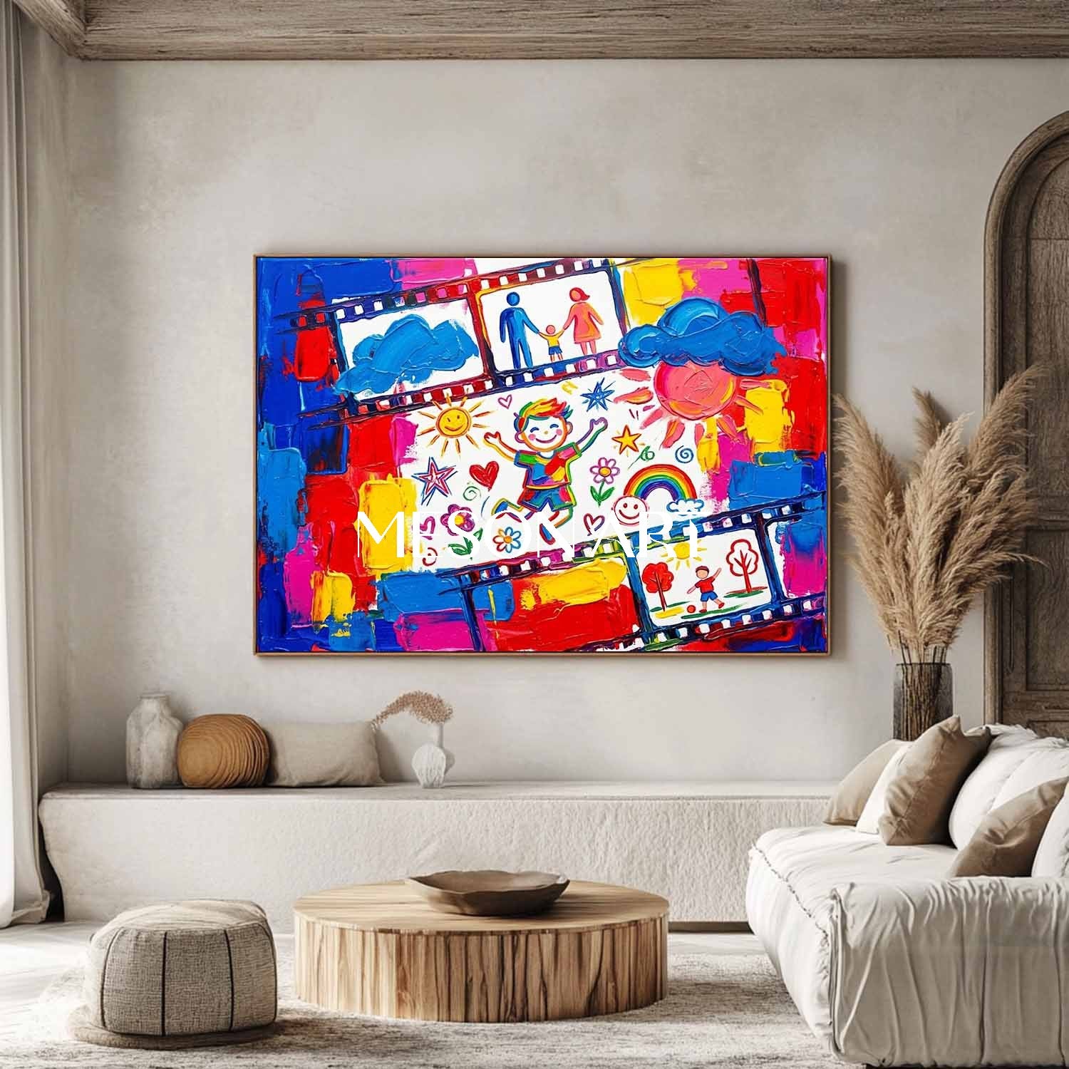 Colorful Pop Art Canvas Painting With Film Strip Motif For Kids Room And Play Area Wall Decor