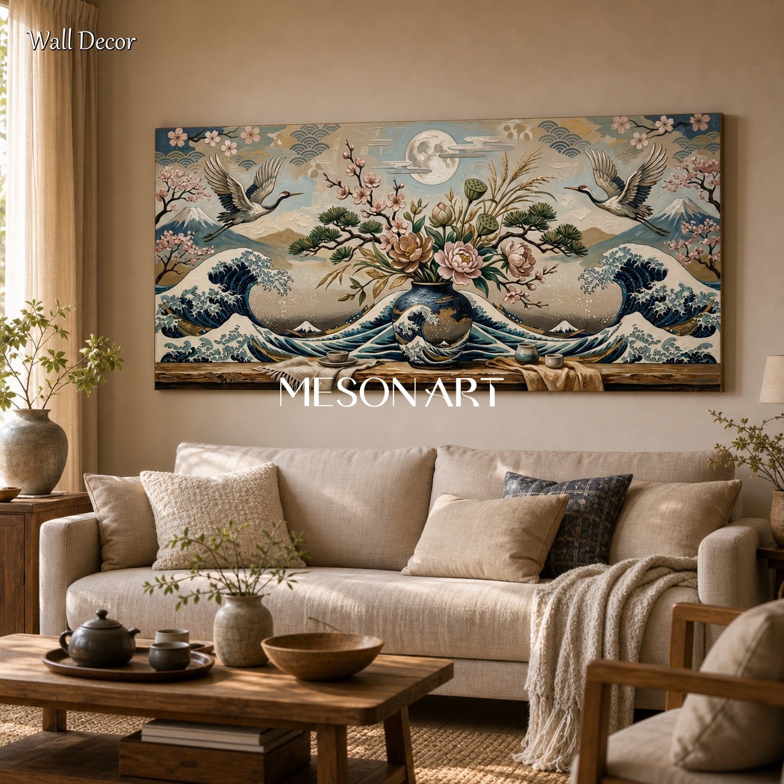 Contemporary Ukiyo-E Wall Art With Waves Cranes And Cherry Blossoms For Living Room Decor