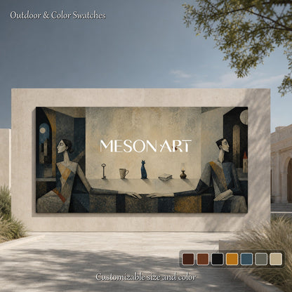 Beige And Blue Surreal Cubist Panoramic Art Geometric Couple Cat Modern Expressionism Textured Canvas Wall Decor For Living Room By Mesonart