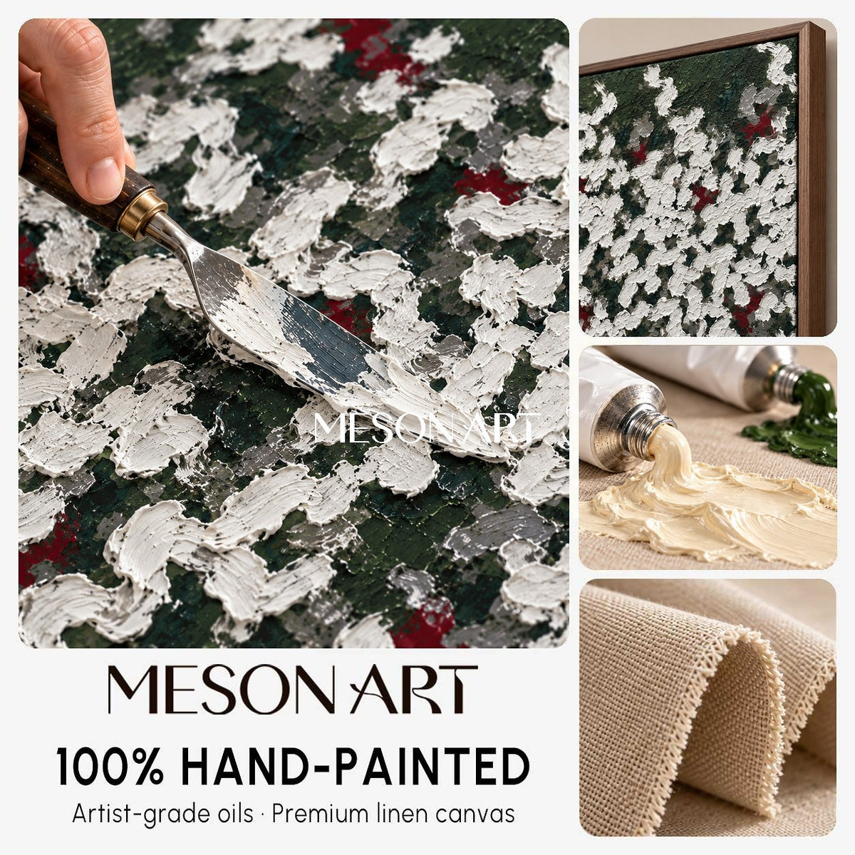 Green And White Abstract Art Wabi-Sabi Impasto Palette Knife Panoramic Wall Decor For Living Room By Mesonart