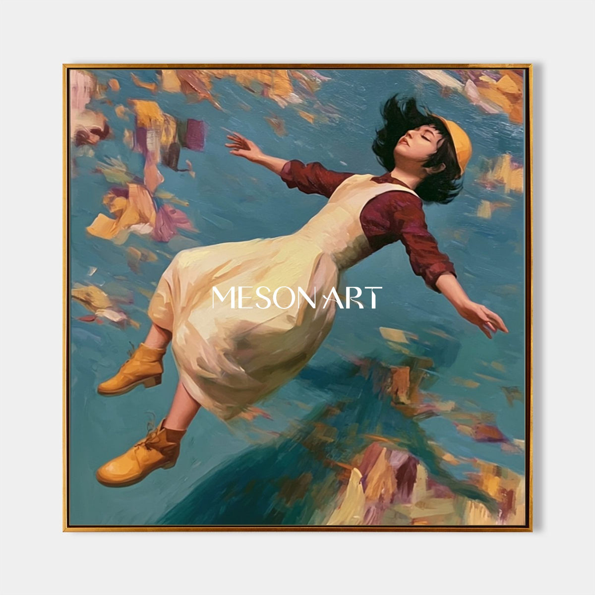 Blue And Yellow Surrealist Art Square Painting Original Artist Hand Painted By Mesonart
