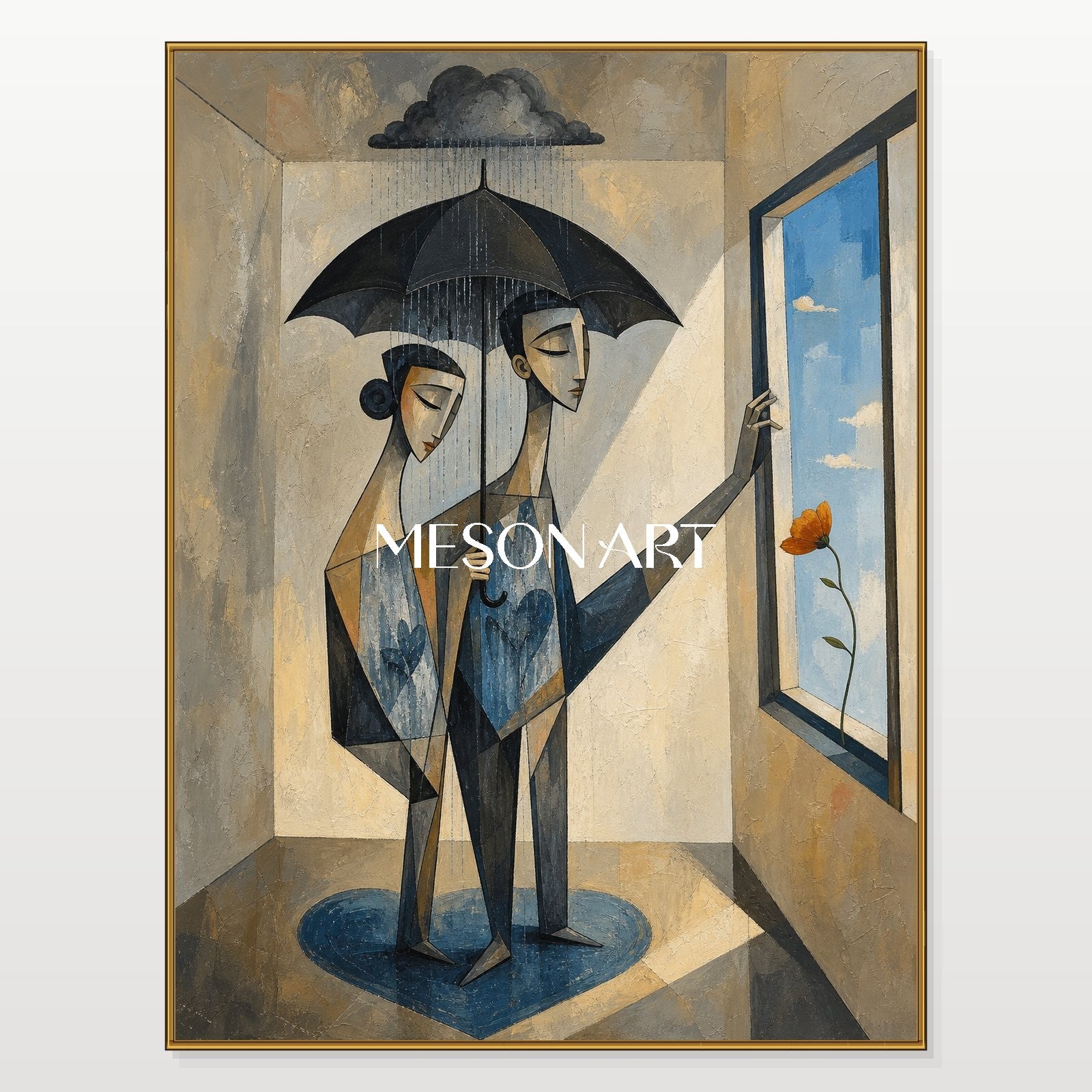 Blue Beige Surreal Cubist Expressionism Art Rectangular Wall Decor For Living Room By Mesonart