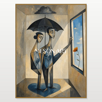 Blue Beige Surreal Cubist Expressionism Art Rectangular Wall Decor For Living Room By Mesonart