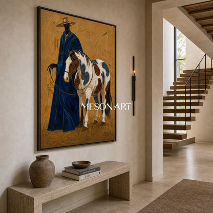 Azure Cowboy And Horse Painting With Textured Impasto For Mid Century Modern Decor