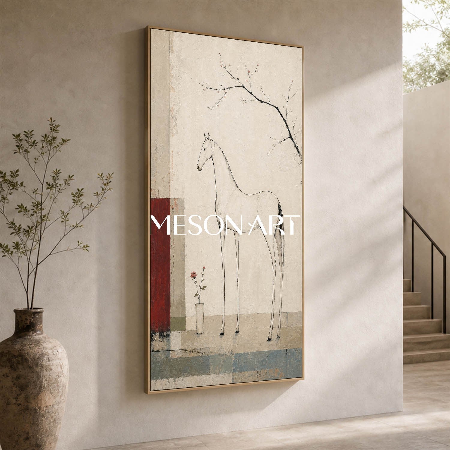 Minimalist Horse Painting In Beige And Red For Modern Living Room Entryway Decor