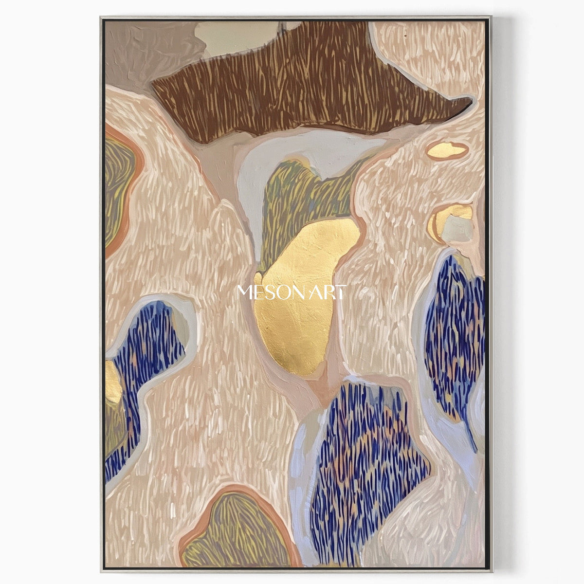 Beige And Gold Abstract Textured Painting Organic Contemporary Rectangular Wall Art For Living Room By Mesonart
