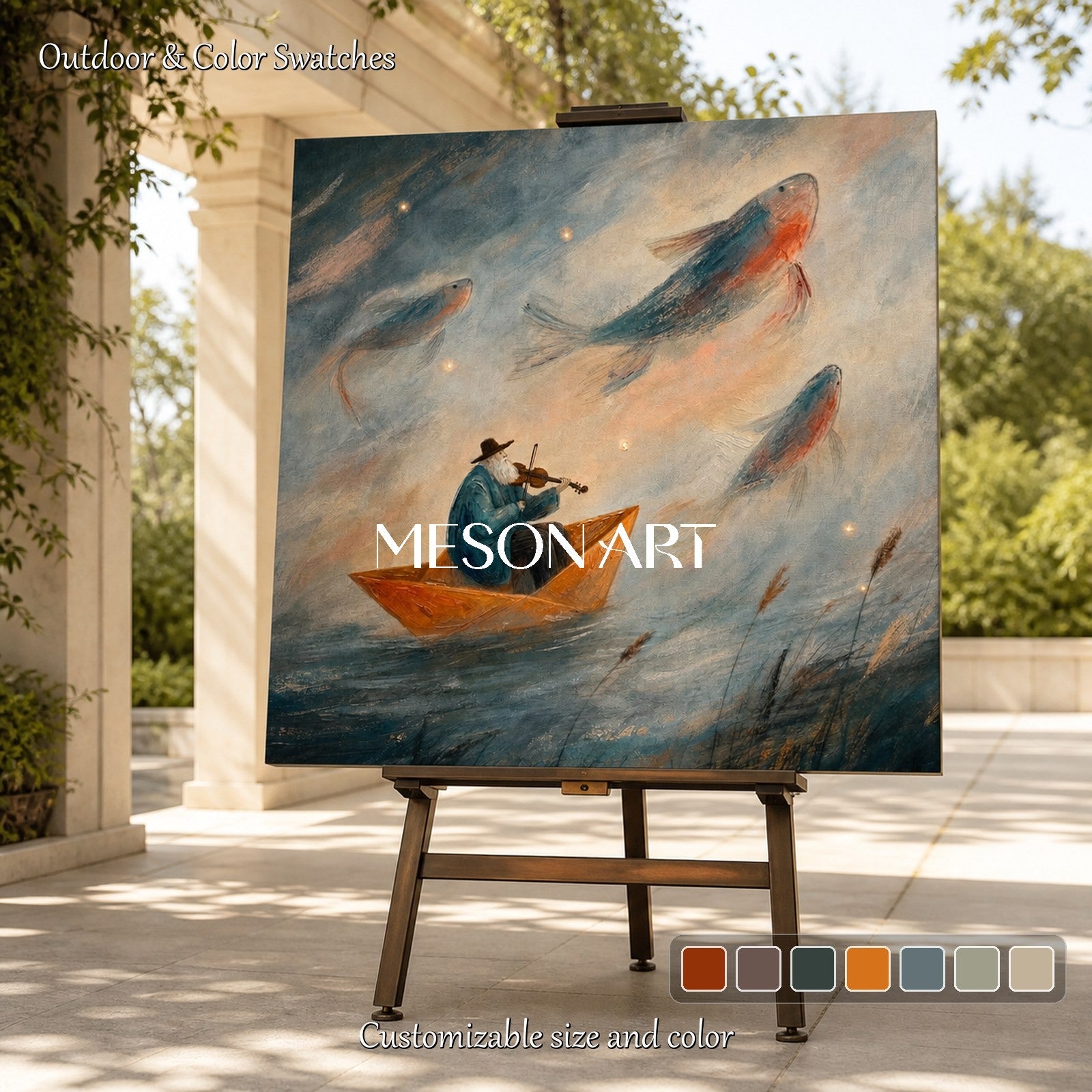 Blue Surreal Fantasy Art With Violin And Fish Rectangular Wall Decor For Living Room By Mesonart