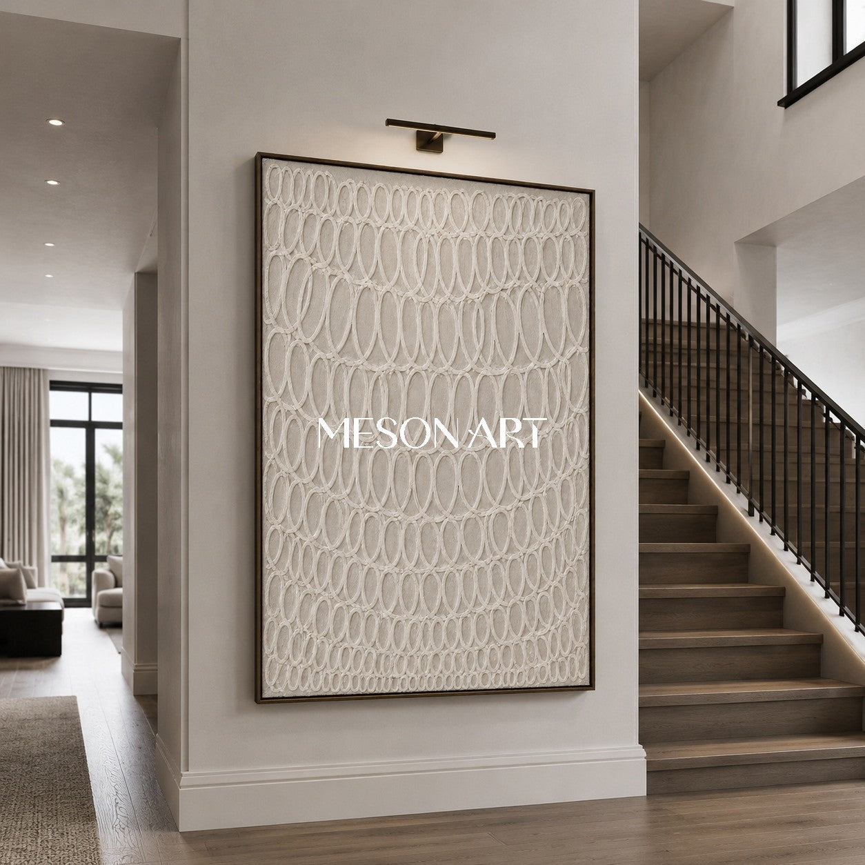 Beige Plaster Relief Art With Oval Pattern For Modern Living Room Decor