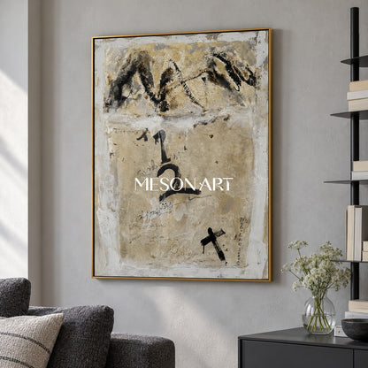 Black And Beige Abstract Art Original Mixed Media Painting Rectangular Wall Decor For Living Room By Mesonart