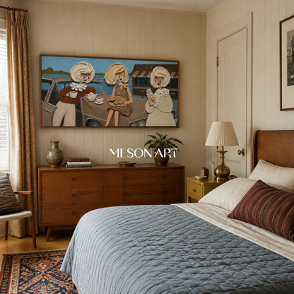 Vintage-Pop-Art-Gemälde mit strukturierten Figuren und Oldtimern für das Wohnzimmer
