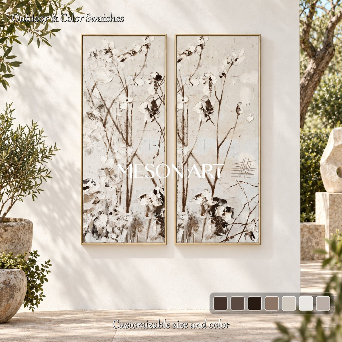 Beige And Black Abstract Floral Art Rectangular Original Artist Hand Painted Textured Wall Decor For Living Room By Mesonart