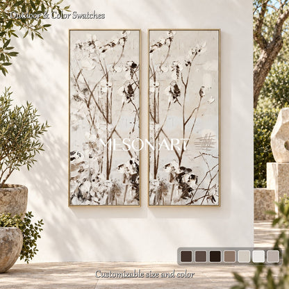 Beige And Black Abstract Floral Art Rectangular Original Artist Hand Painted Textured Wall Decor For Living Room By Mesonart