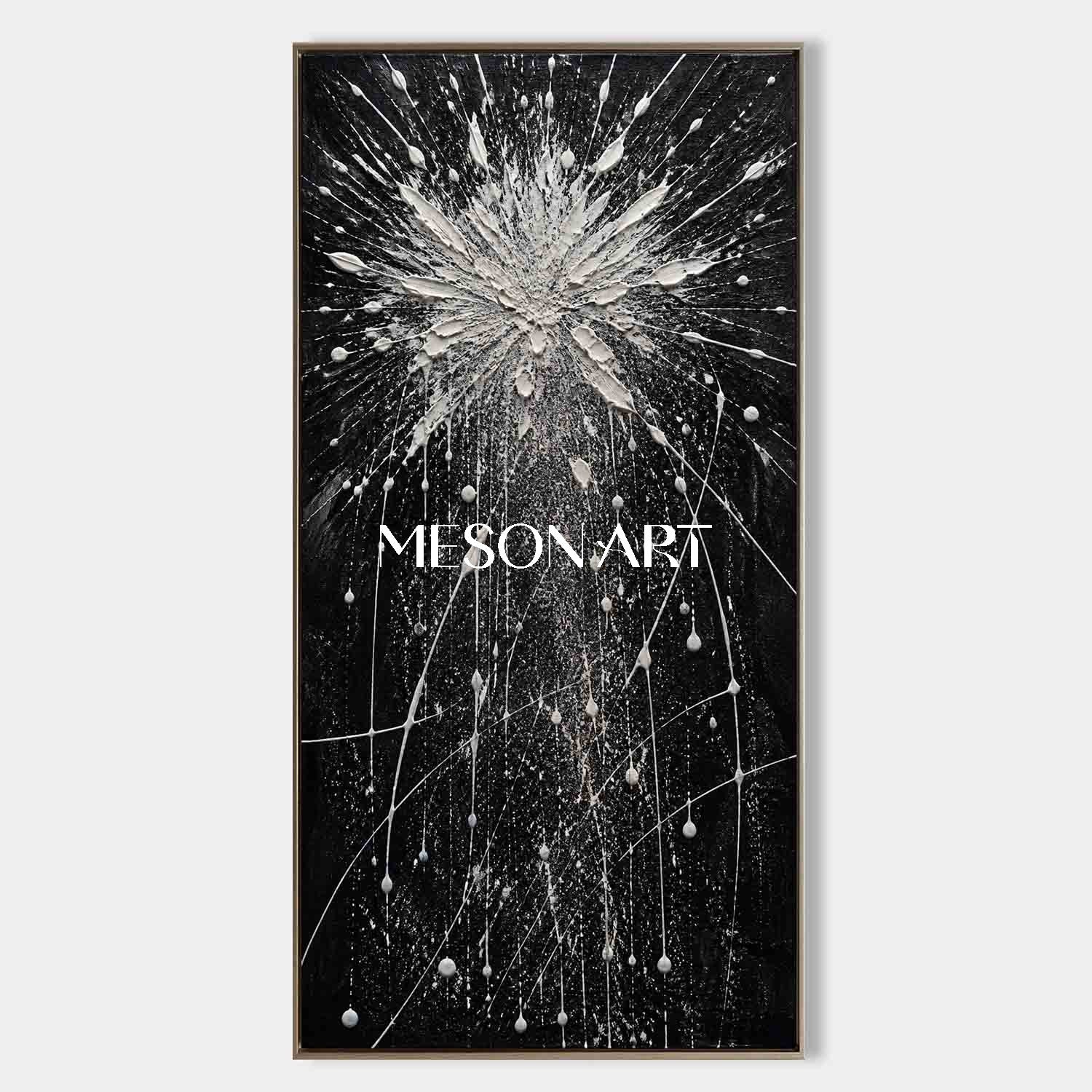 Large Black And White Abstract Painting With Textured Relief For Modern Living Room Decor