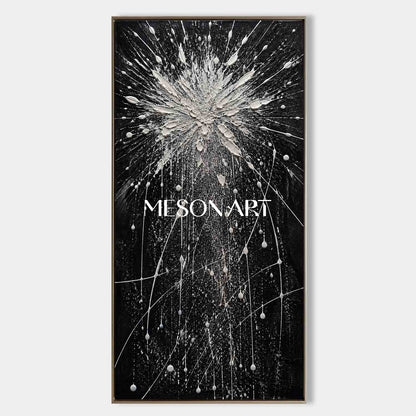 Large Black And White Abstract Painting With Textured Relief For Modern Living Room Decor