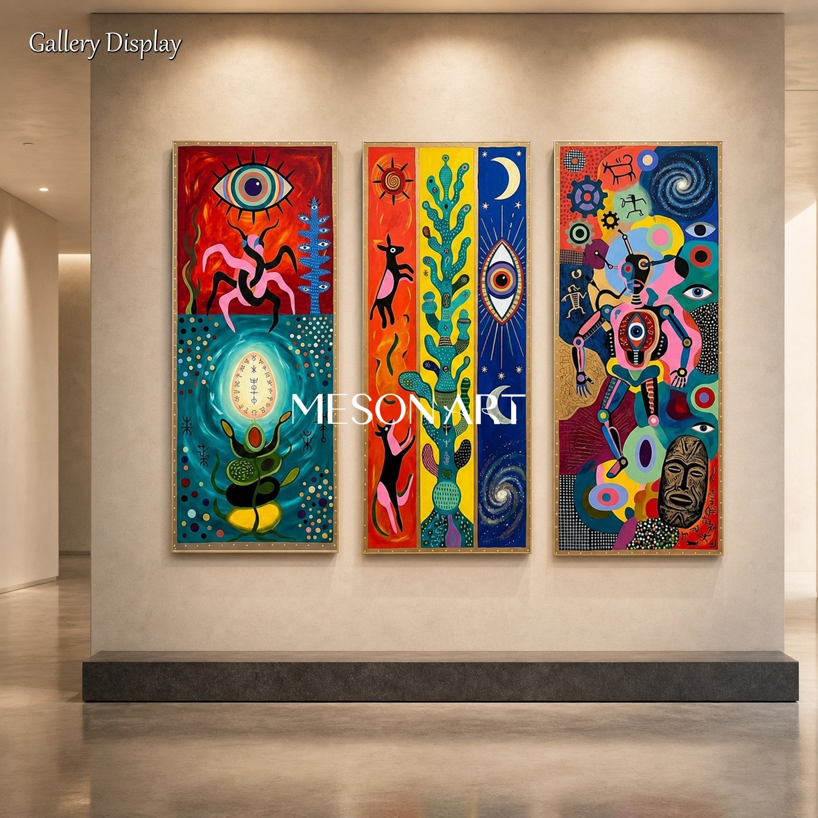 Bold Surrealist Wall Art With Tribal Motifs For Modern Living Room Decor