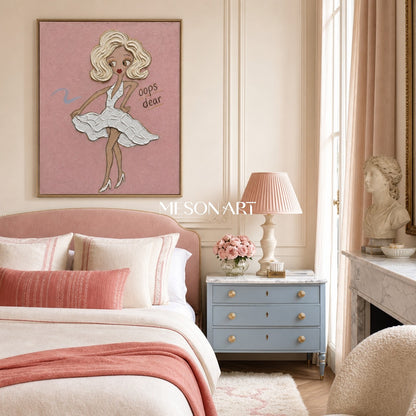 Playful Fashion Girl Painting In Pink With Textured Brushwork For Bedroom Decor