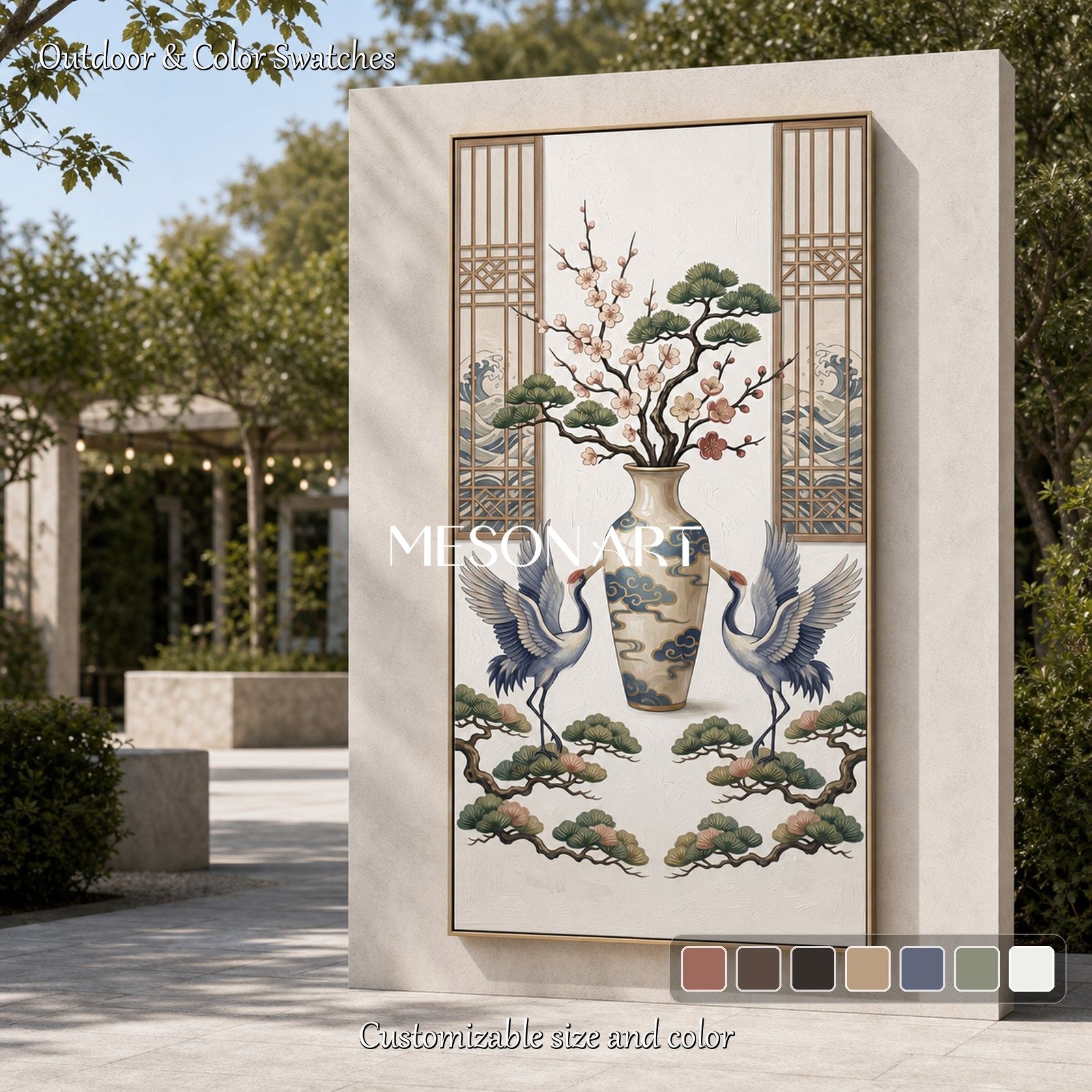 White Crane Painting For Living Room Elegant Chinoiserie Wall Art With Floral Vase