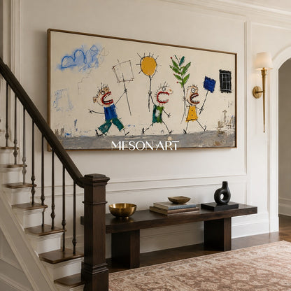 Whimsical Pop Art Painting With Bold Characters And Textured Impasto For Modern Living Room Decor