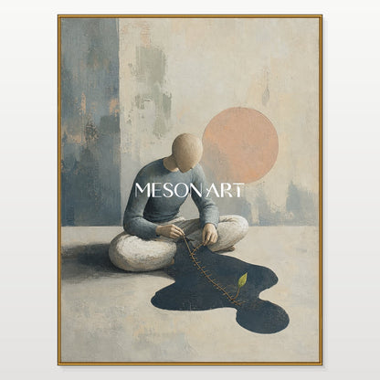 Surrealist Painting With Textured Relief And Golden Thread For Living Room Or Study Decor