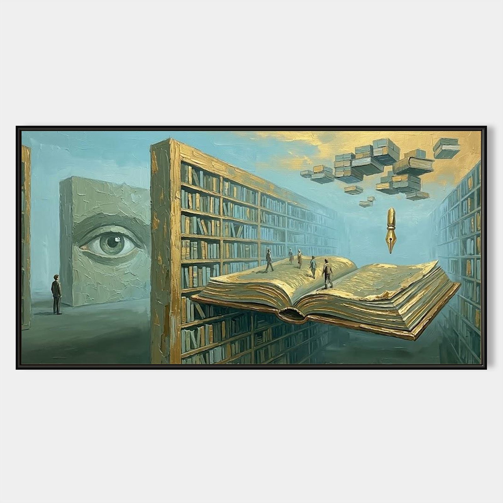 Large Surrealist Oil Painting Floating Book Library Art For Executive Office And Study Room Decor