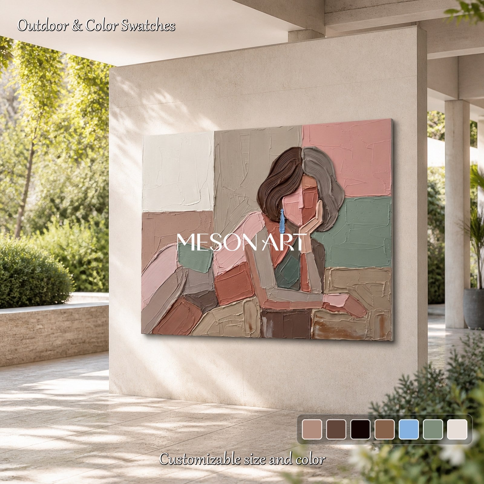 Pink And Brown Painting Modern Portrait Contemporary Figurative Art Original Artist Hand Painted Rectangular Wall Decor For Living Room By Mesonart