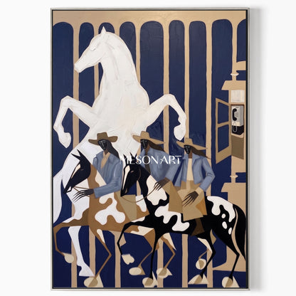 Surreal Cowboy Horse Painting With Textured Relief For Modern Living Room Decor