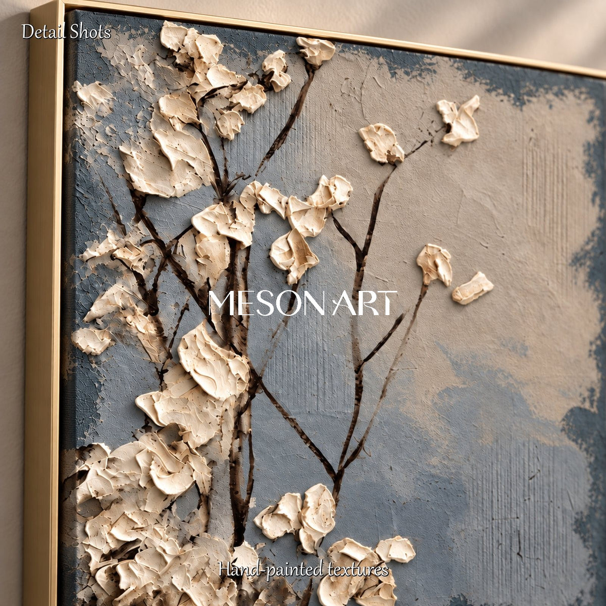 Blue And Cream Floral Impasto Textured Rectangular Wall Art For Bedroom Original Artist By Mesonart