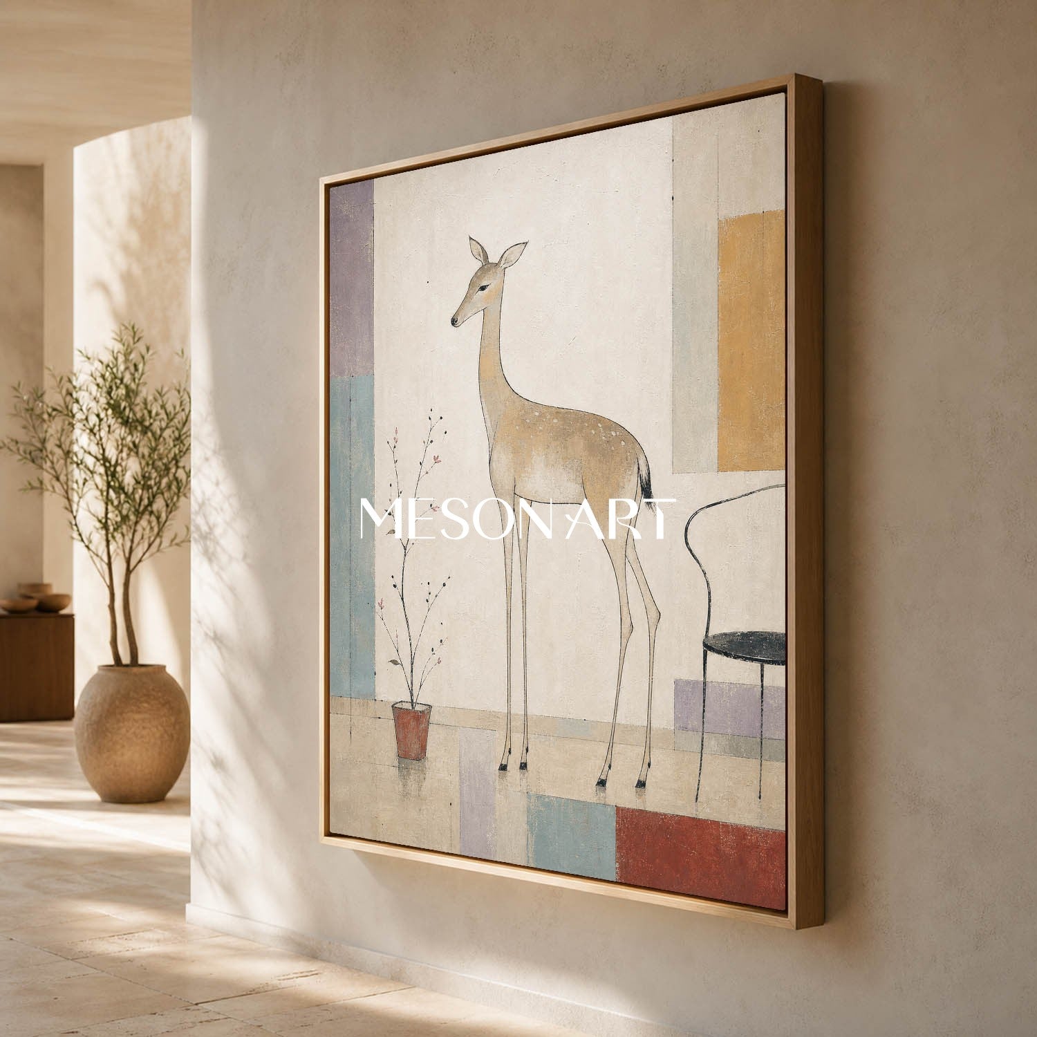 Minimalist Deer Painting With Geometric Shapes For Modern Living Room And Bedroom Decor