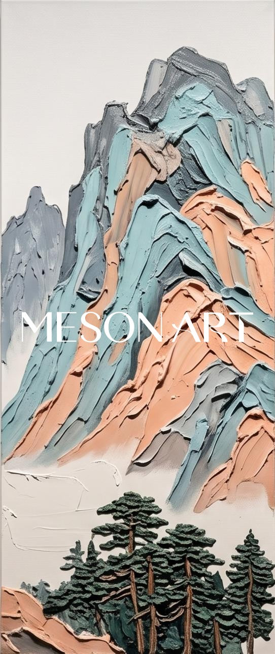 青と茶色のパステル調風景画　長方形のウォールアート　Mesonartによるアーティスト直筆のオリジナル作品