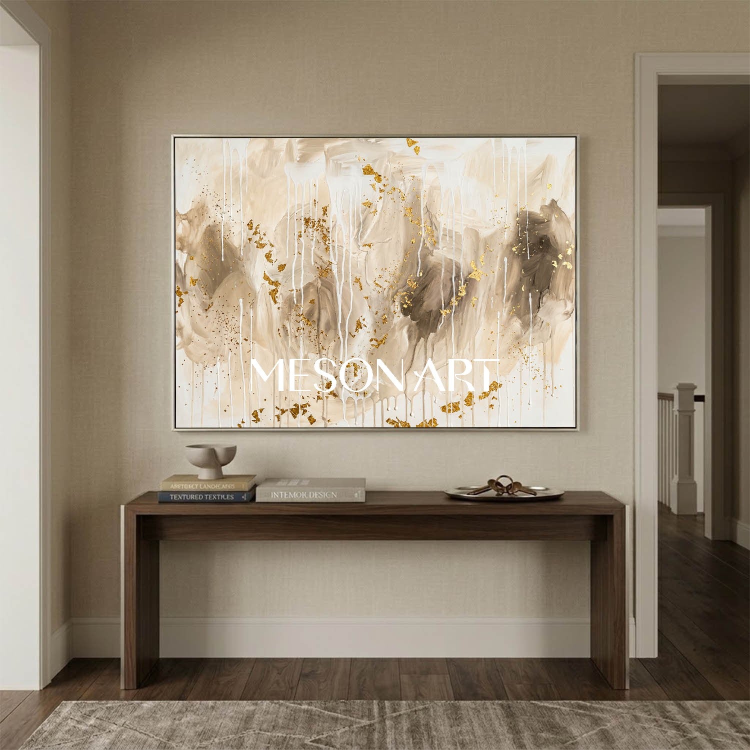 Gilded Abstract Painting With Gold Leaf And Fluid Drips For Luxury Home Decor
