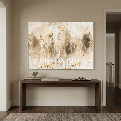 Gilded Abstract Painting With Gold Leaf And Fluid Drips For Luxury Home Decor