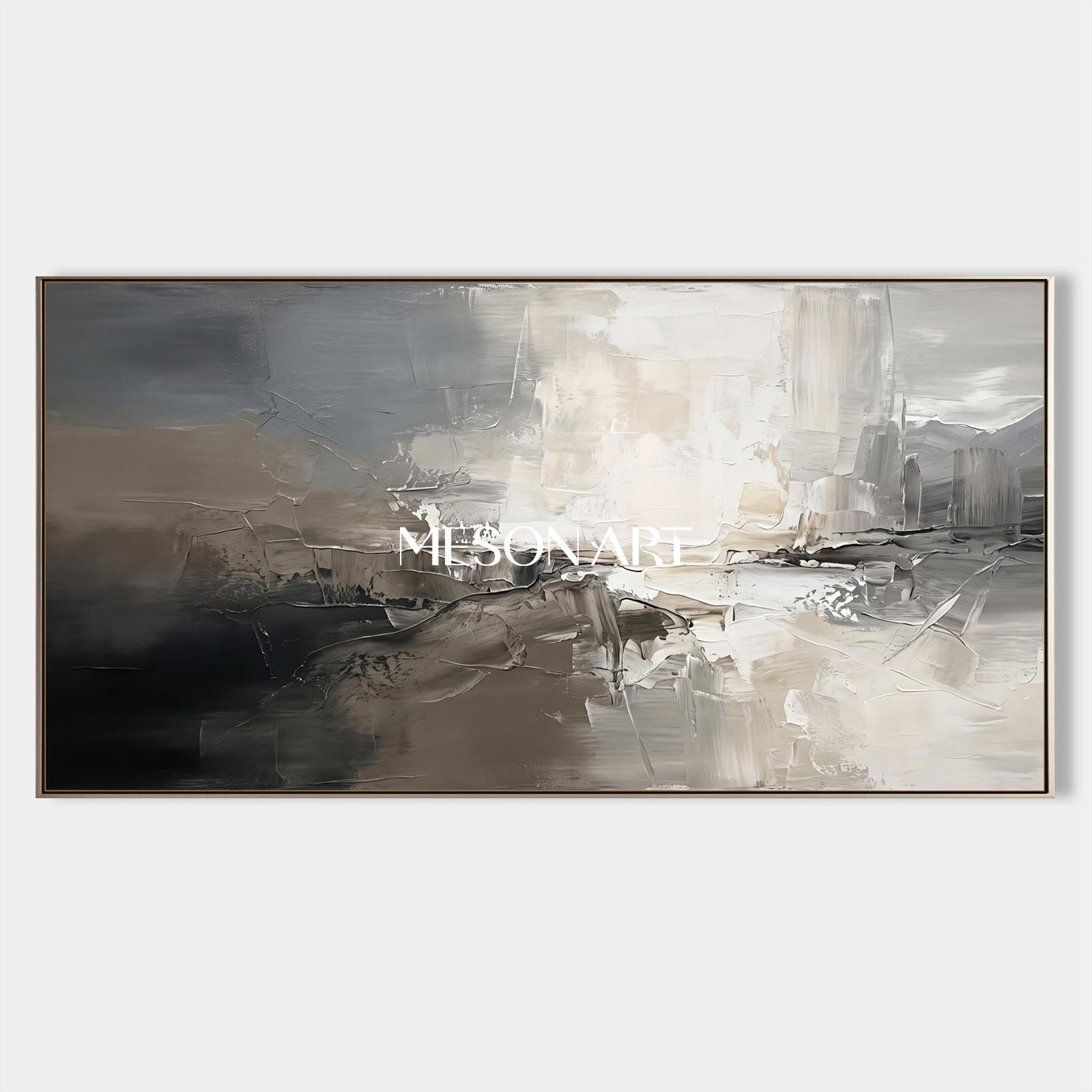 Gray And White Abstract Painting Large Panoramic Wall Art For Living Room By Mesonart