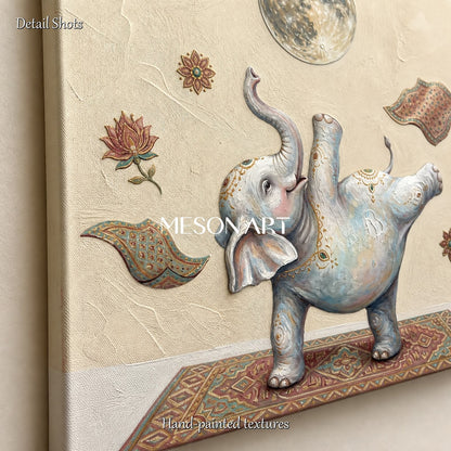 Beige And White Yoga Elephant Original Art Rectangular Wall Decor For Living Room By Mesonart