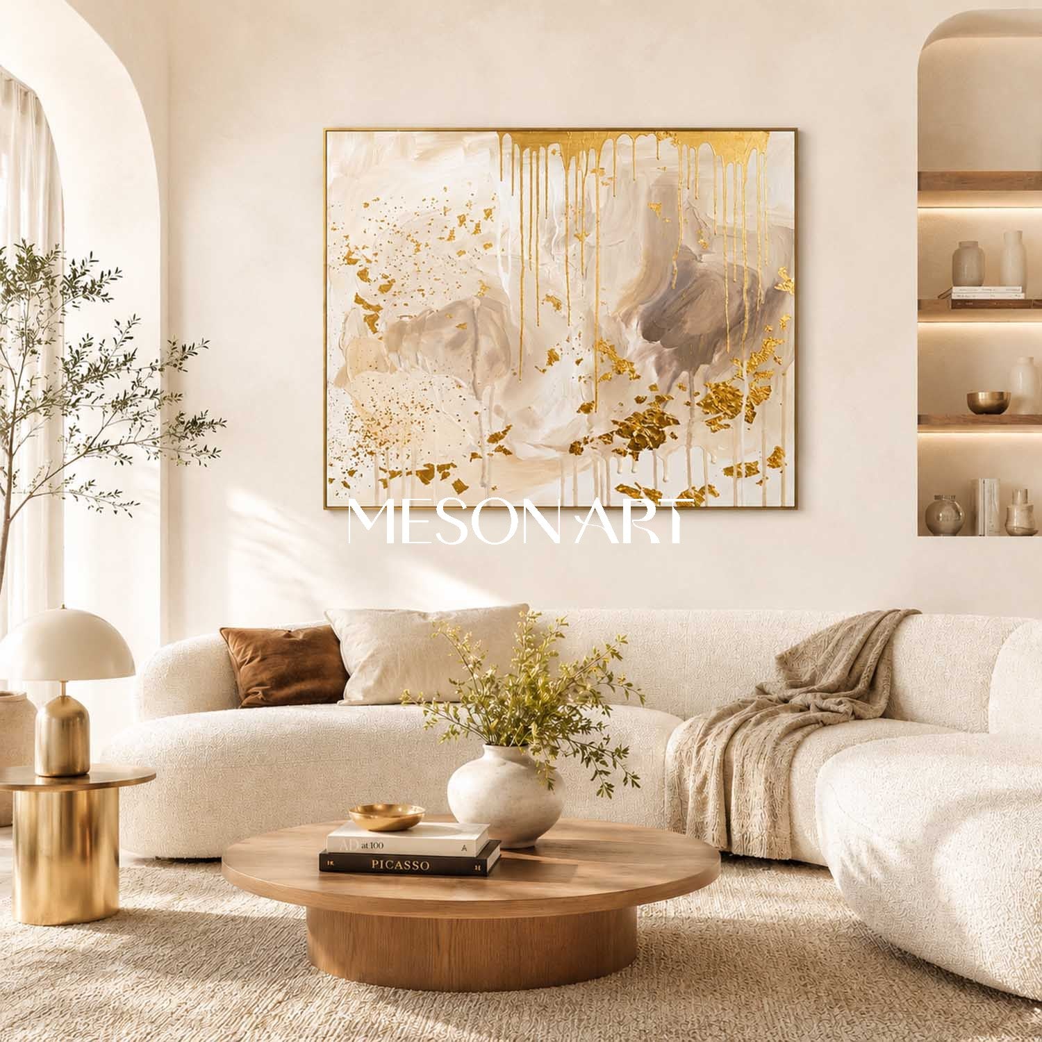 Luxury Gold Leaf Abstract Art With Cream Neutral Tones For Modern Living Room Decor