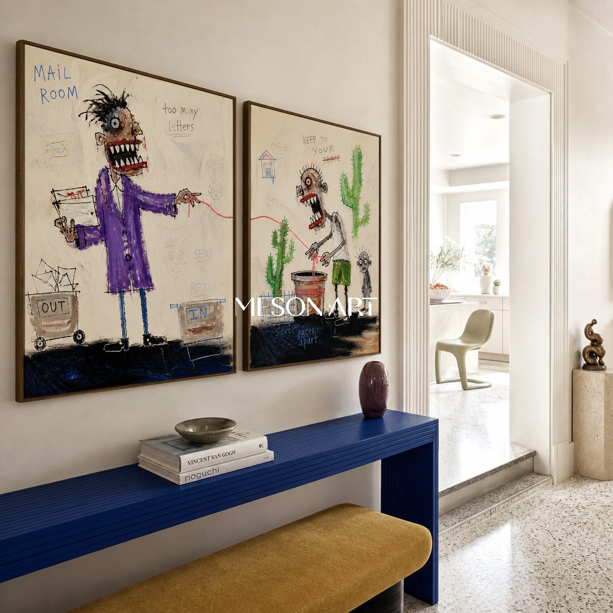Beige And Purple Graffiti Figurative Cartoon Narrative Art Rectangular Wall Decor For Living Room By Mesonart