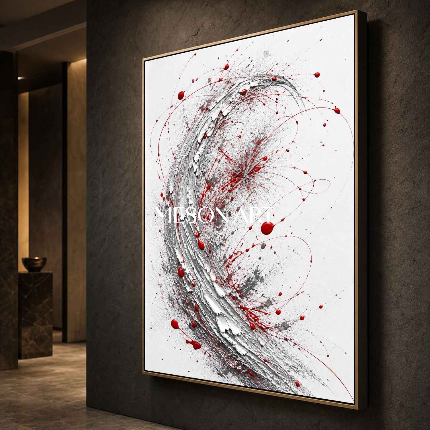 Red And White Abstract Wall Art With Textured Silver Swirl For Modern Living Room Decor