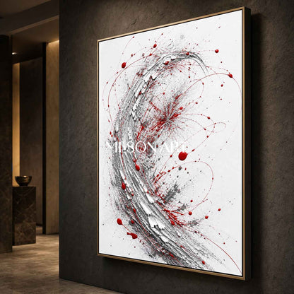 Red And White Abstract Wall Art With Textured Silver Swirl For Modern Living Room Decor