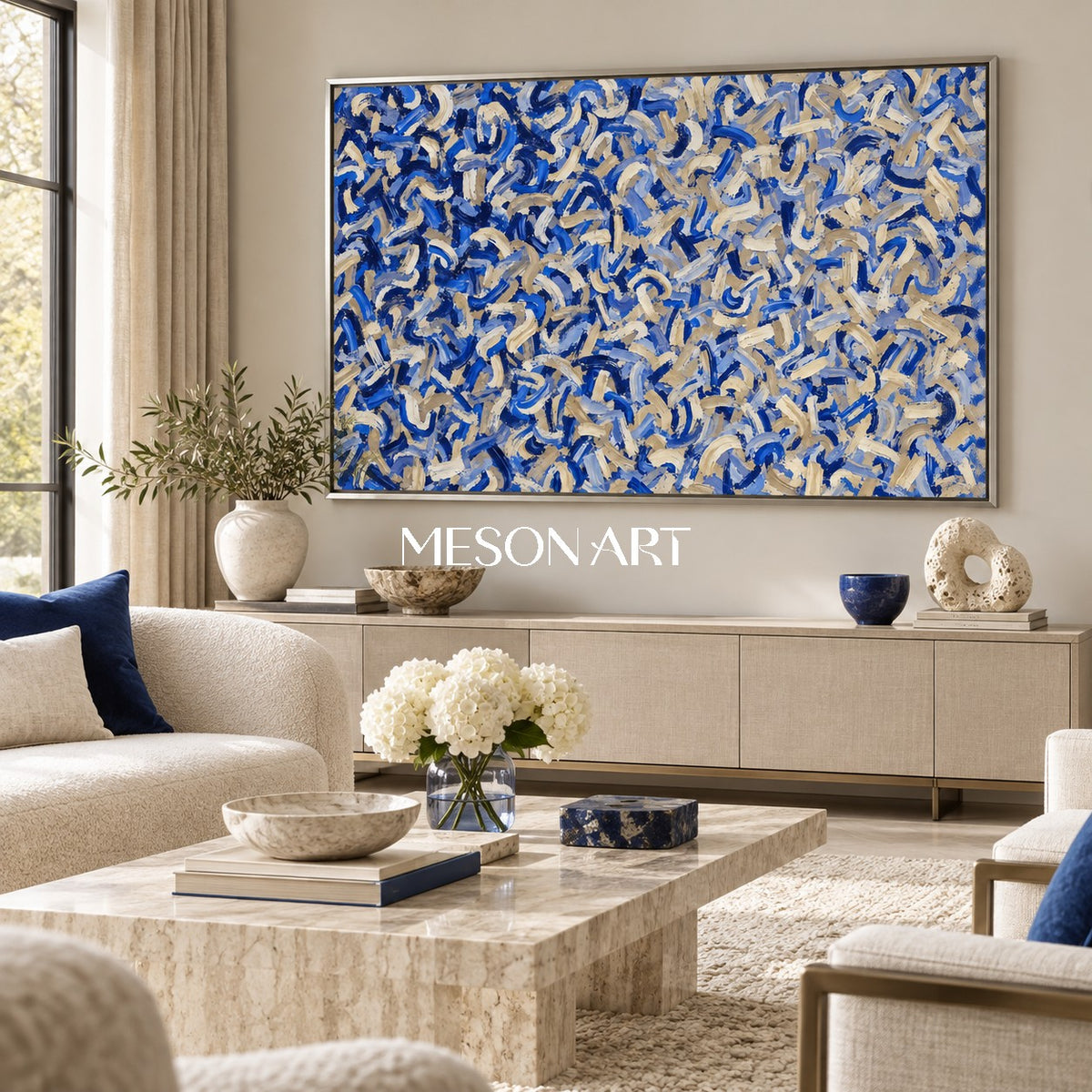 Blue And Beige Abstract Impasto Palette Knife Rectangular Wall Art Original Artist By Mesonart