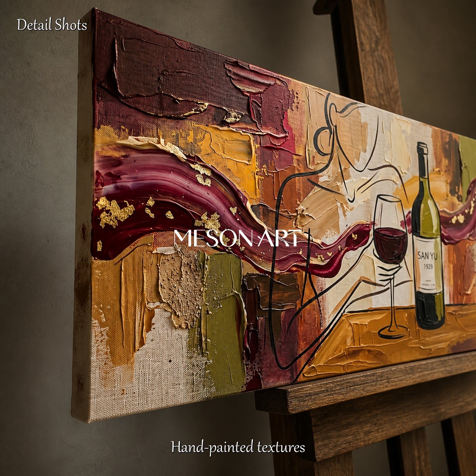 Red And Brown Contemporary Figurative Wine Painting Panoramic Original Artwork By Mesonart