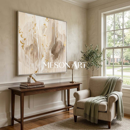 Gilded Abstract Painting With Gold Leaf For Modern Living Room Decor