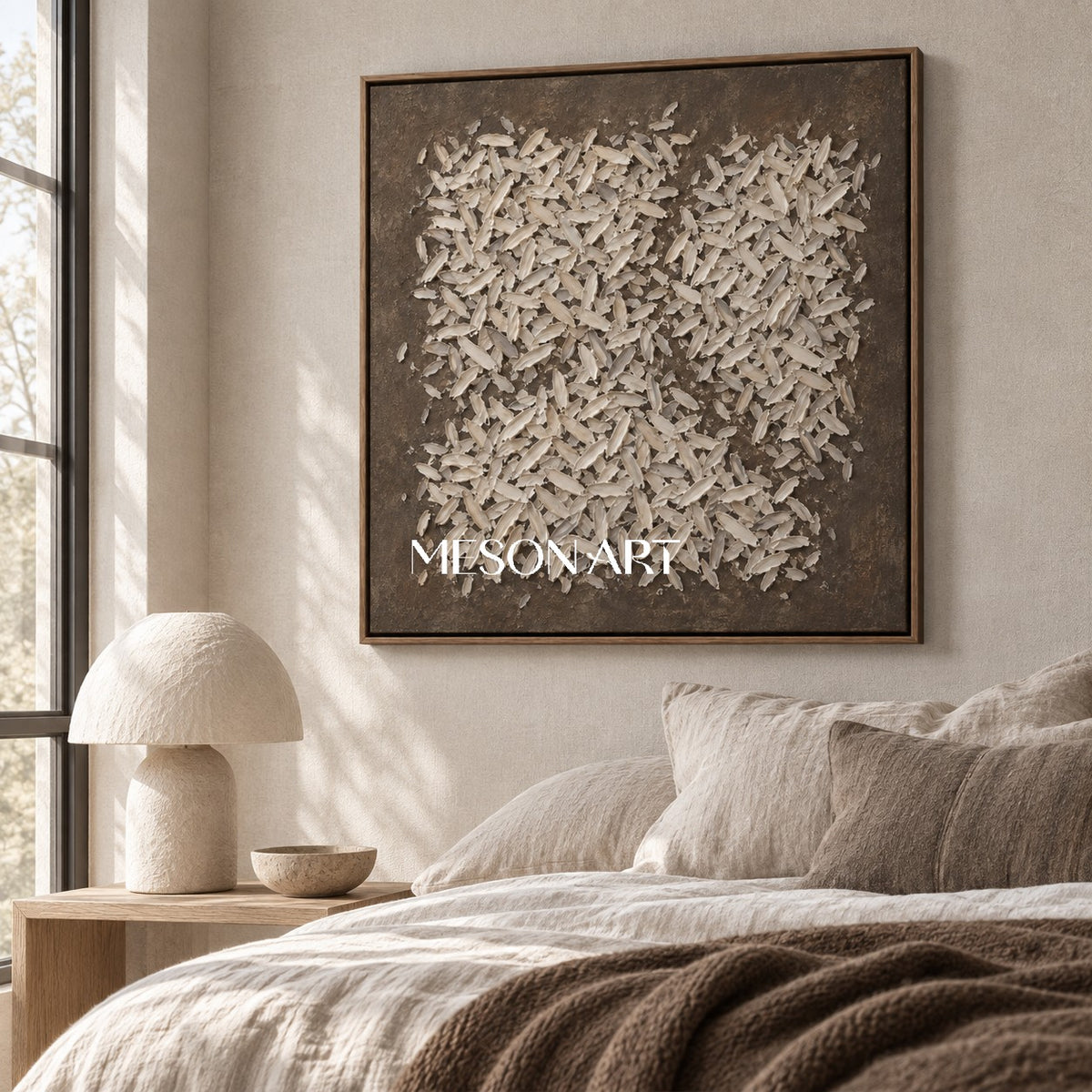 Beige And Brown Textured Abstract Art Square Wall Decor For Living Room By Mesonart