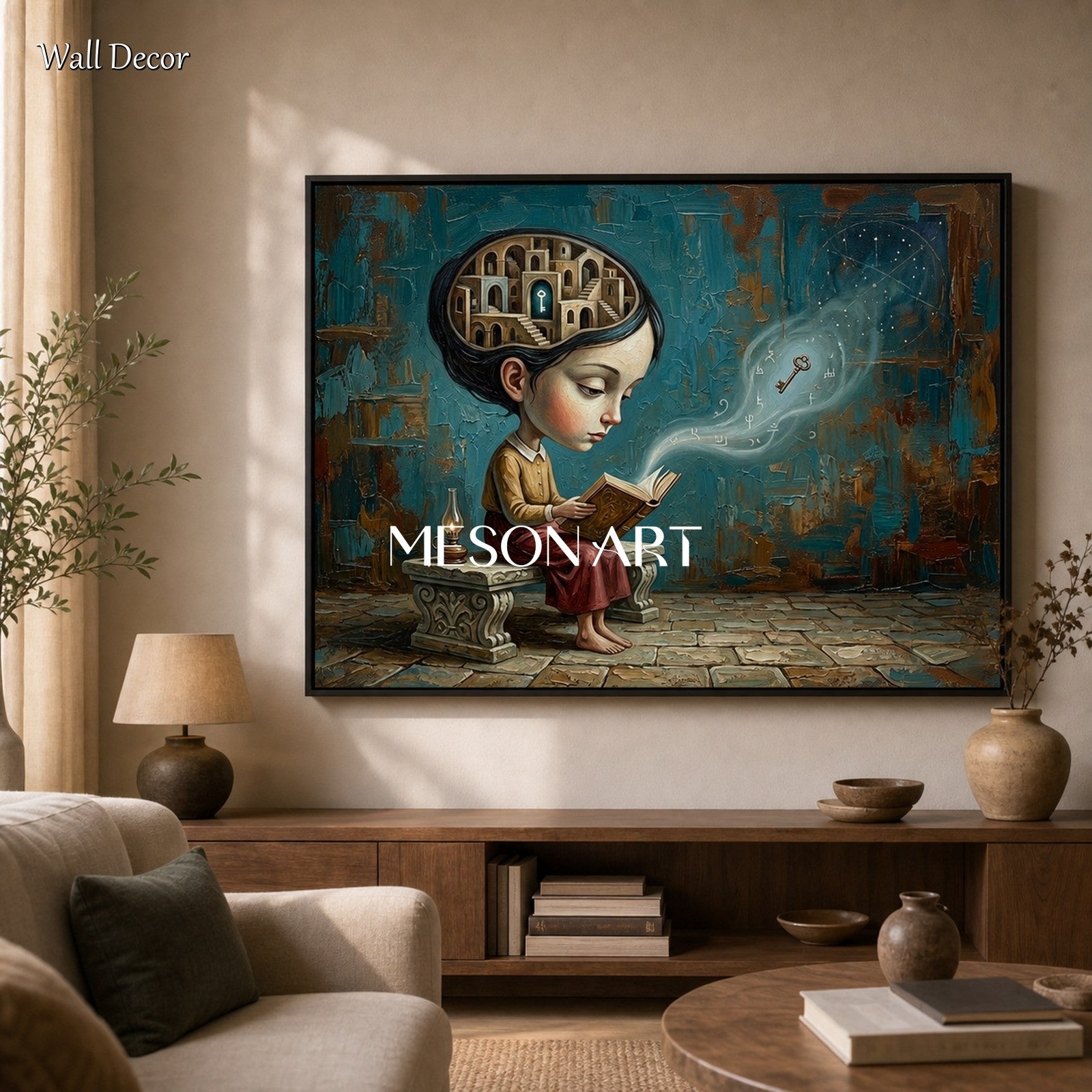 Surrealist Girl Reading Painting For Home Office Wall Art With Blue And Brown Tones