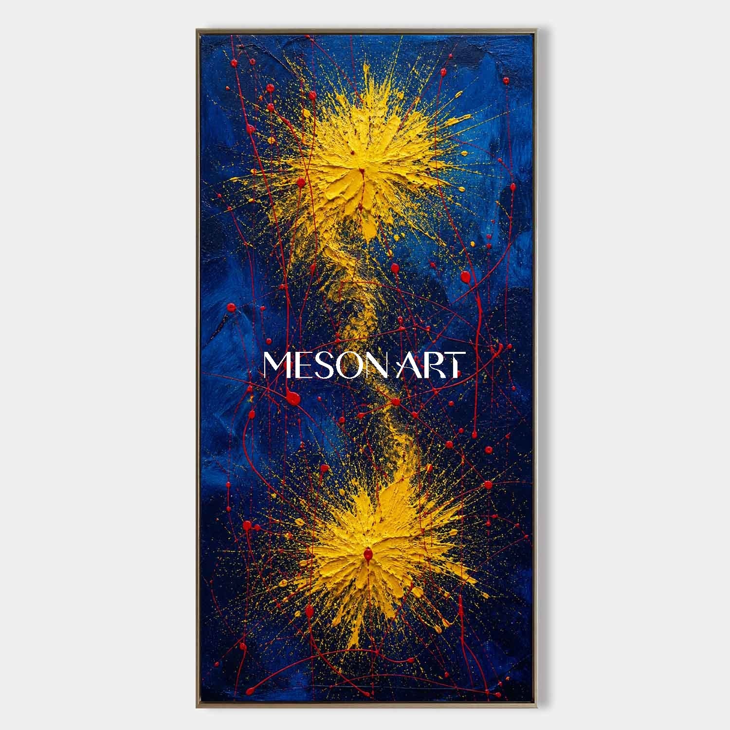 Bold Blue And Gold Abstract Painting With Textured Relief For Modern Living Room Decor