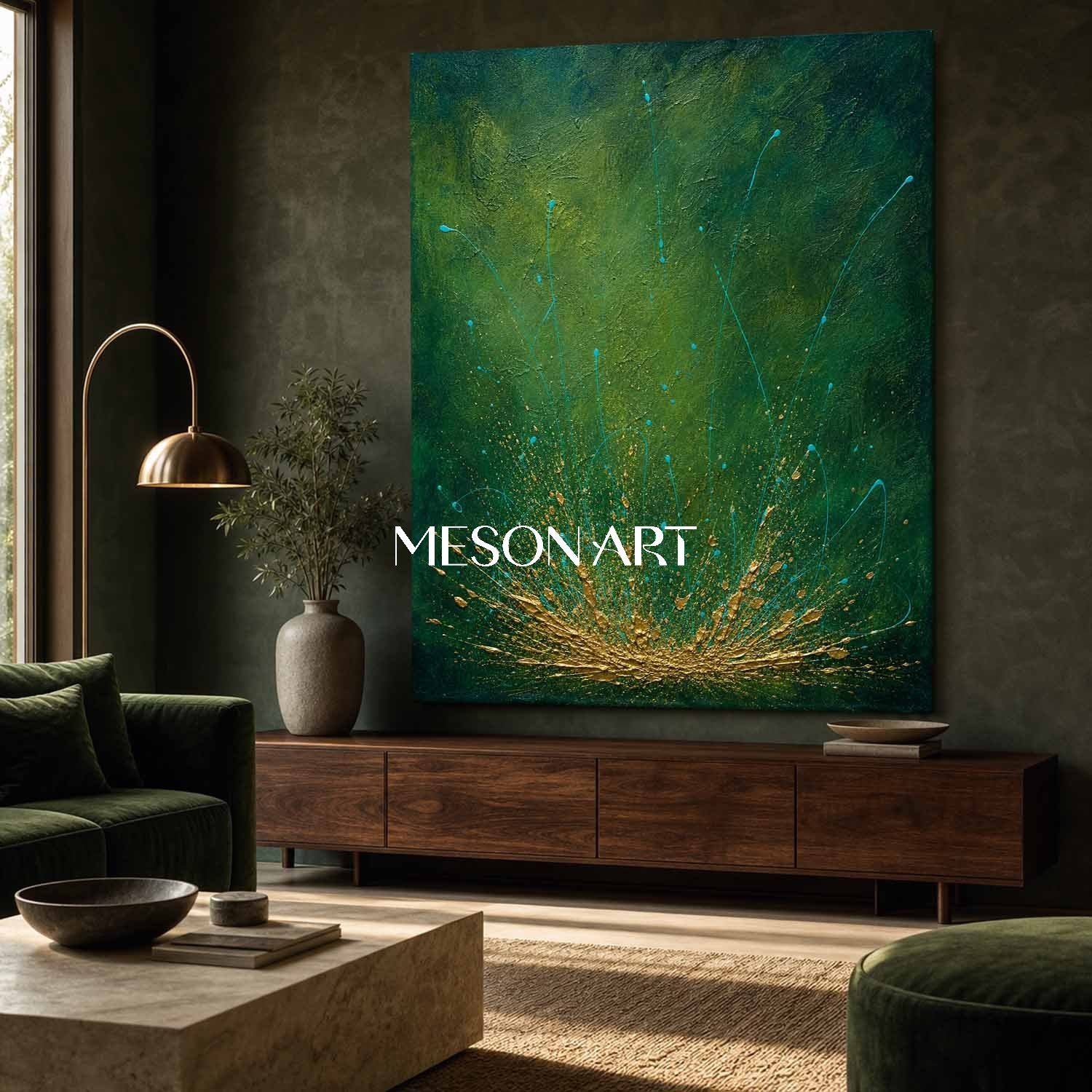 Emerald Green And Gold Abstract Painting Original Pollock Style Art For Living Room