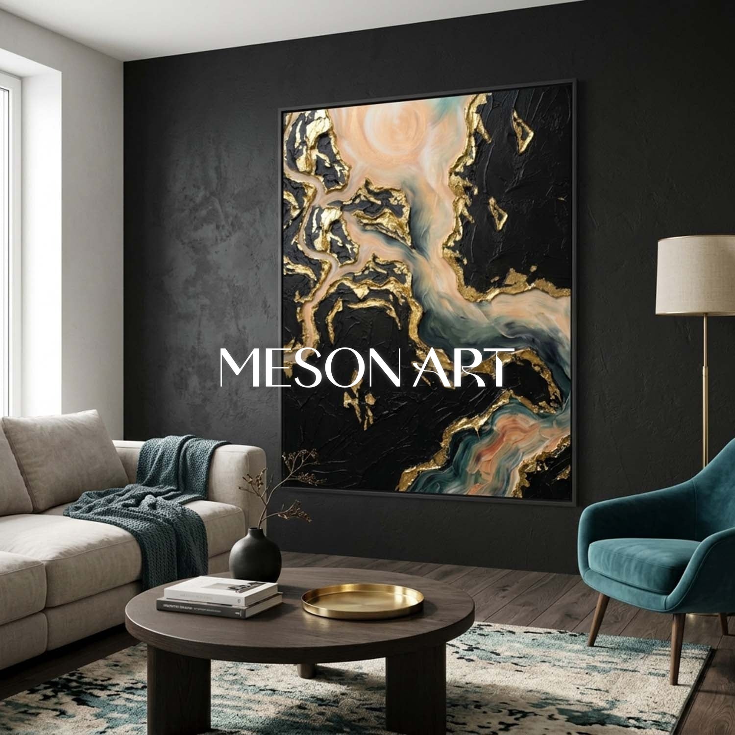 Gilded Abstract Plaster Art With Sea Green Waves Black Gold Decor